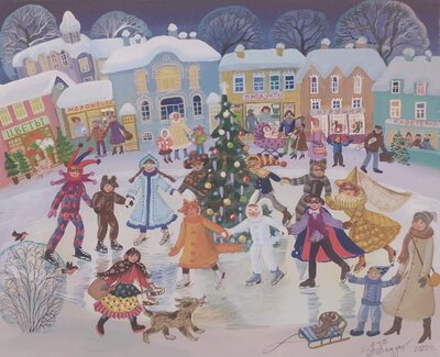 Carnival on the skating rink - oil painting