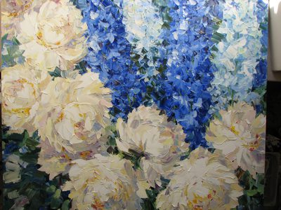 Peonies and Delphiniums - oil painting