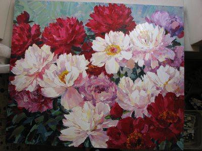 Red and white Peonies - oil painting