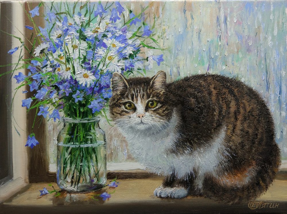Oil painting on canvas ❀ Cat on the window