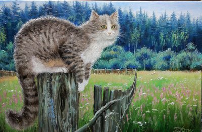 Cat on the fence - oil painting