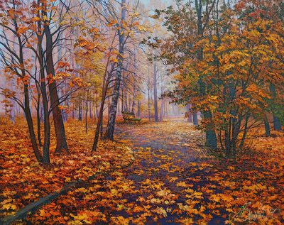 Fog in autumn - oil painting