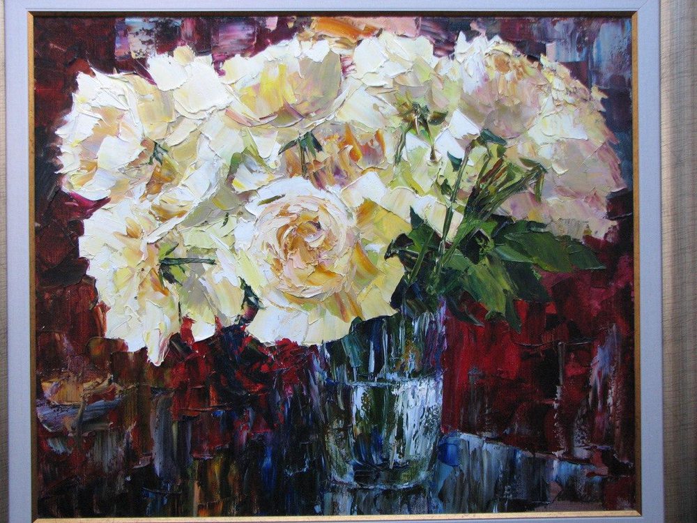 Oil painting on canvas ❀ Roses in a vase