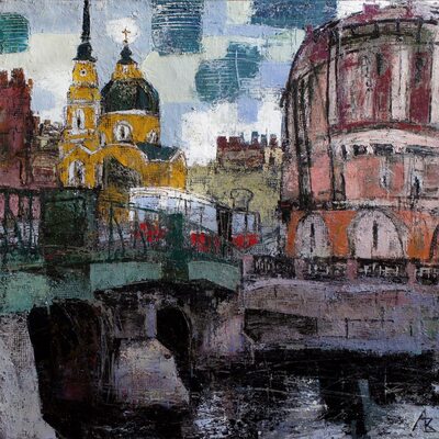 Bridge and tram - oil painting