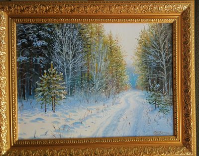 Path in the winter forest - oil painting